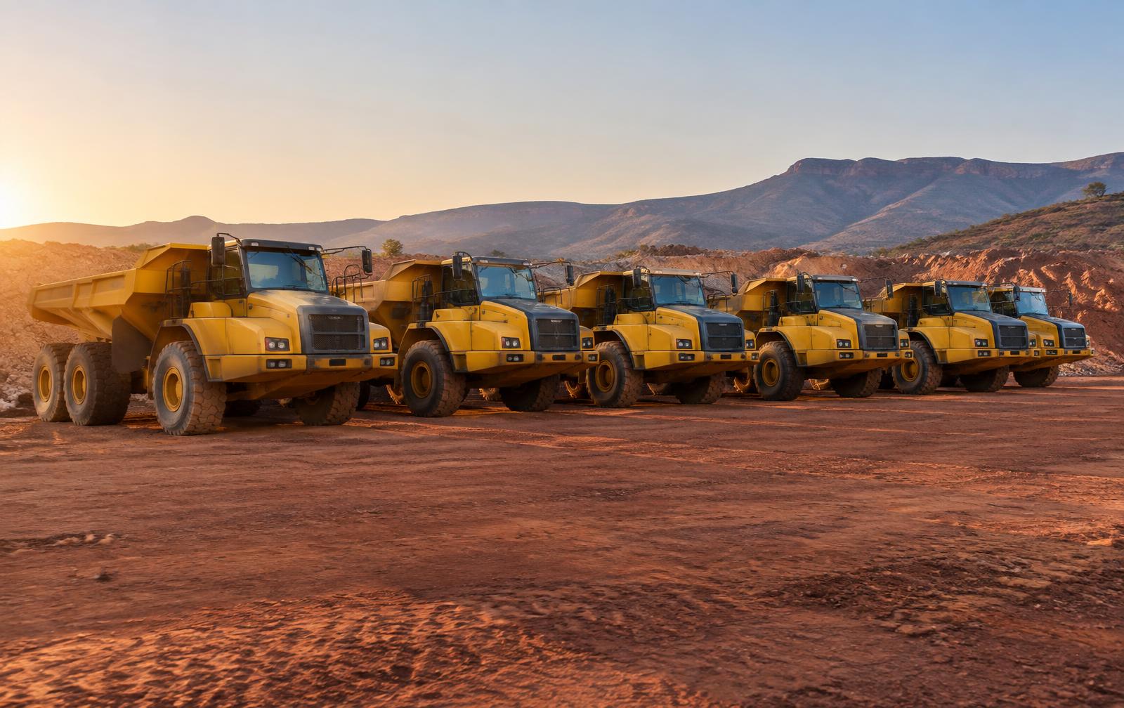 Fleet of articulated dump trucks at a mine yard